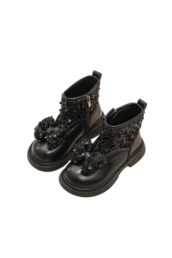 Girls Glitter Ankle Boots with Bows Sequin Booties Side Zipper Boot Lace up Fall Fashion Kids Sparkly Shoes