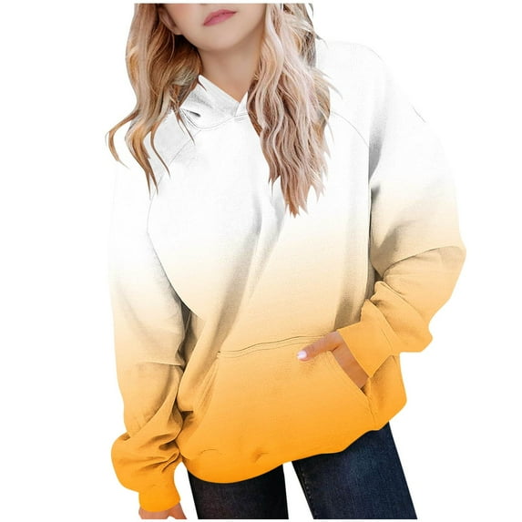QQAMB Girls Hoodies Gradient Color Lightweight Long Sleeve Pullover Tops Fall Winter Trendy Sweatshirts with Pockets,14 Years