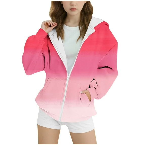 QQAMB Girls Hoodies Sherpa Lined Fleece Thermal Jacket Full Zip Long Sleeve Sweatshirts Gradient Color Shirts Coat,6-7Years
