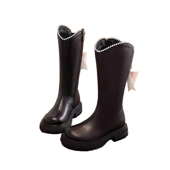 QQAMB Girls Knee Length Boots Mid Calf Riding Boots PU Leather Zipper Punk Goth Boot Fall Winter Bowknot Boot Little Big Kid