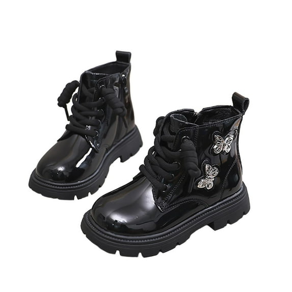 QQAMB Girls Lace Up Ankle Boots PU Leather Riding Boots Butterfly Side Zipper Lug Sole Booties for Kids 3-11 Years