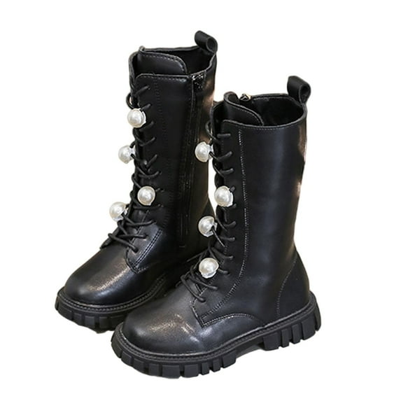 QQAMB Girls Lace Up Riding Boots Mid Calf Boots Fashion Waterproof PU Leather Side Zipper Punk Goth Boot