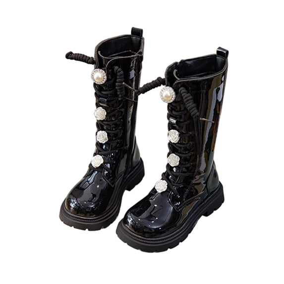 QQAMB Girls Lace Up Riding Boots Mid Calf Boots Fashion Waterproof PU Leather Side Zipper Punk Goth Boot