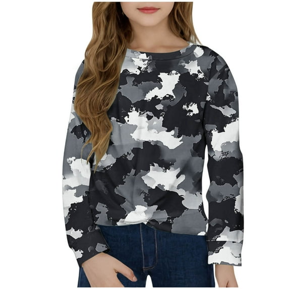 QQAMB Girls Long Sleeve Shirts Crewneck Camouflage Cute Tops Tween Girls Sweatshirt Fall Trendy Youth Preppy Teen Girl Clothes,10 Years