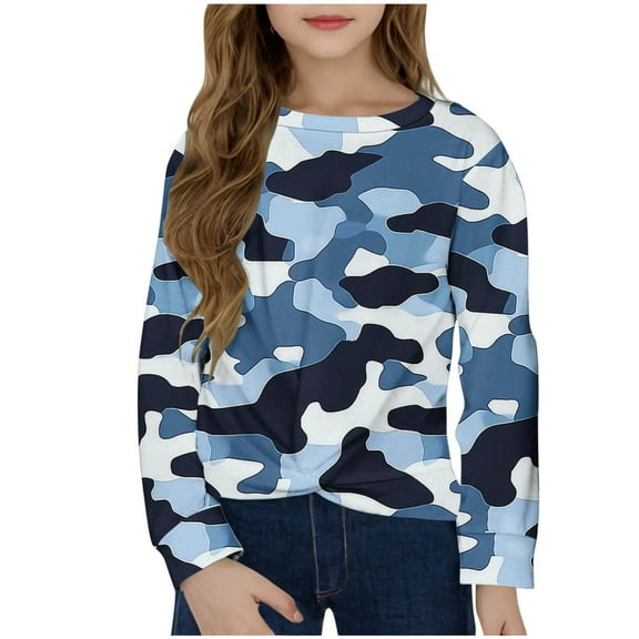 QQAMB Girls Long Sleeve Shirts Crewneck Camouflage Cute Tops Tween Girls Sweatshirt Fall Trendy Youth Preppy Teen Girl Clothes,11 Years