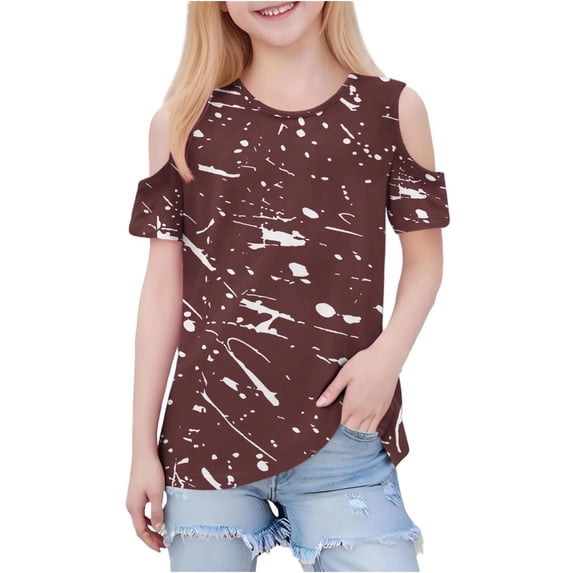 DeHolifer Girls Shirt Short Sleeve T-Shirts Off Shoulder Tops Cotton Tees Summer Tshirts for Kids 3-12 Years