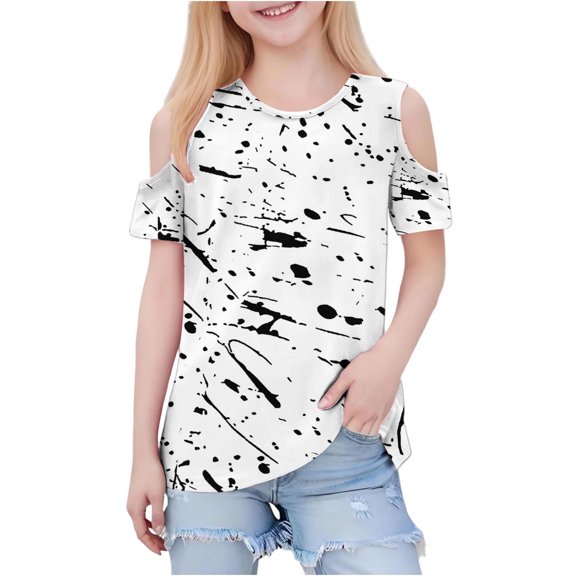 QQAMB Girls Shirt Short Sleeve T-Shirts Off Shoulder Tops Cotton Tees Summer Tshirts for Kids 3-12 Years
