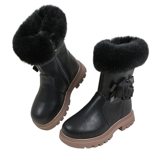 QQAMB Girls Snow Boots Fashion Warm Fur Lining Non-Slip Ankle Boots Outdoor Winter Cozy Platform Chunky Heel Mid Calf Booties