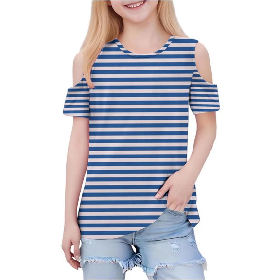 QQAMB Girls Striped Shirt, Short Sleeve T-Shirts Off Shoulder Tops Cotton Tees Summer Tshirts for Kids 3-12 Years