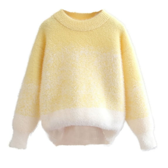 QQAMB Girls Sweaters Cute Doll Collar Fuzzy Color Block Cable Knit Pullover Tops Fall Casual Tween Sweater,11 Years