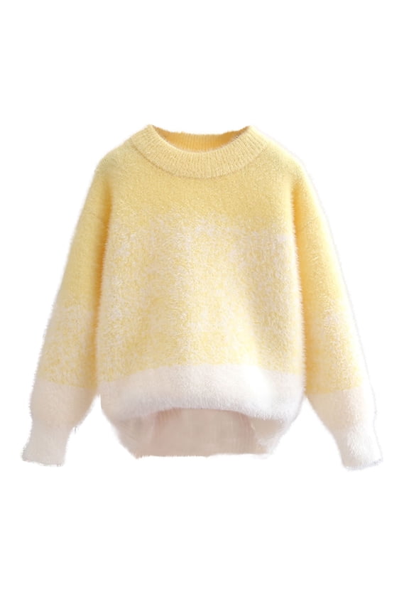 Girls Sweaters Cute Doll Collar Fuzzy Color Block Cable Knit Pullover Tops Fall Casual Tween Sweater,13 Years