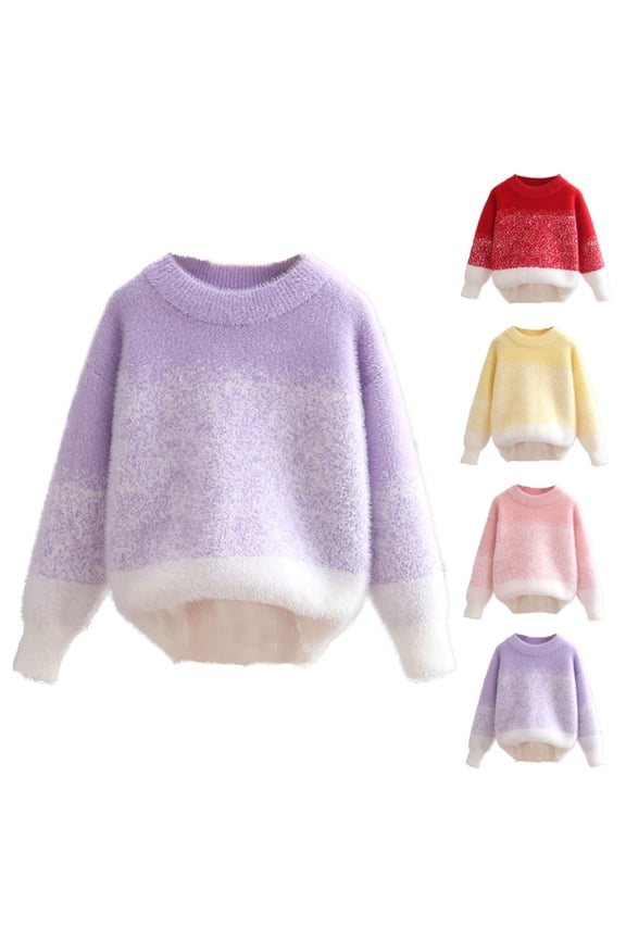 Girls Sweaters Cute Doll Collar Fuzzy Color Block Cable Knit Pullover Tops Fall Casual Tween Sweater,5 Years