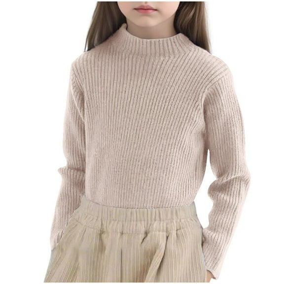 QQAMB Girls Sweaters Fall Trendy High Neck Long Sleeve Sweater Tops Casual Cotton Cable Knit Pullover Tween,3 Years