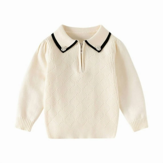 QQAMB Girls Sweaters Turndown Collar 1/4 Zipper Knitted Solid Color Long Sleeve Pullover Tops,7 Years