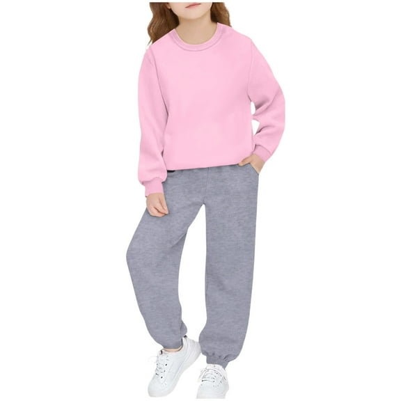 QQAMB Girls Tracksuit Cute Solid Color Soft Long Sleeve Pullover Top and Pant Sweatpants 2 Piece Sweatsuit