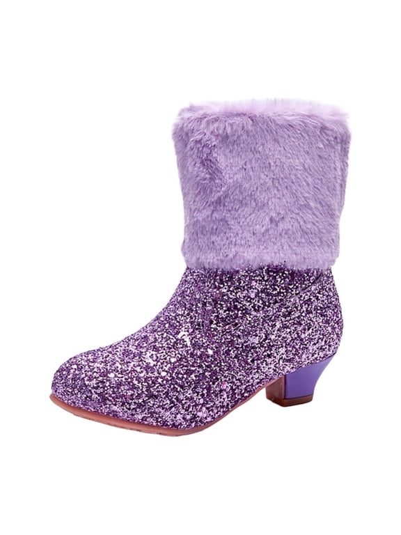 Girls Winter Warm Fur Low Heels Ankle Boots Glitter Sequin Princess Dress Booties with Side Zipper