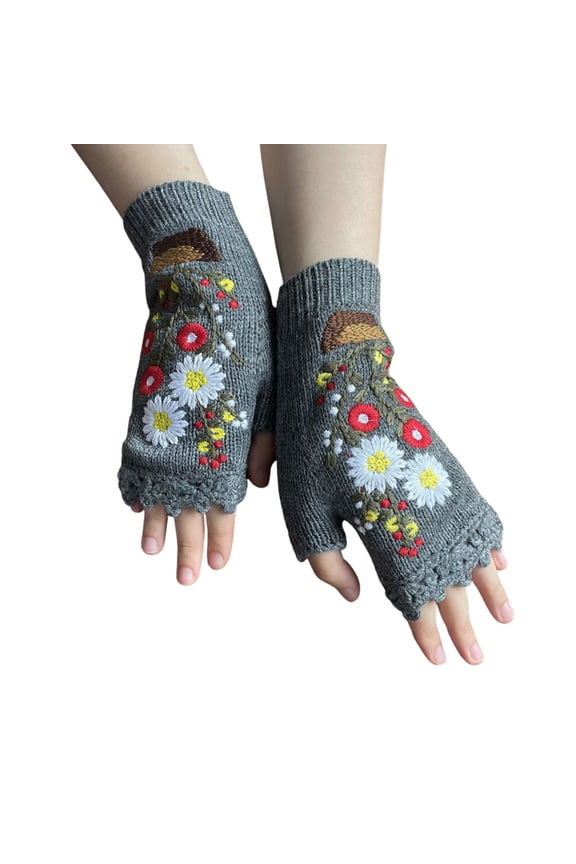 Gloves for Women Embroidered Flower Knit Fingerless Winter Wool Texting Gloves Mittens Warm Fleece Lined