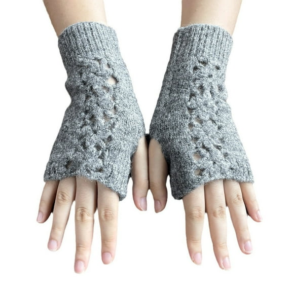 QQAMB Gloves for Women Solid Color Hollow Out Knit Fingerless Winter Wool Texting Gloves Mittens Warm Fleece Lined