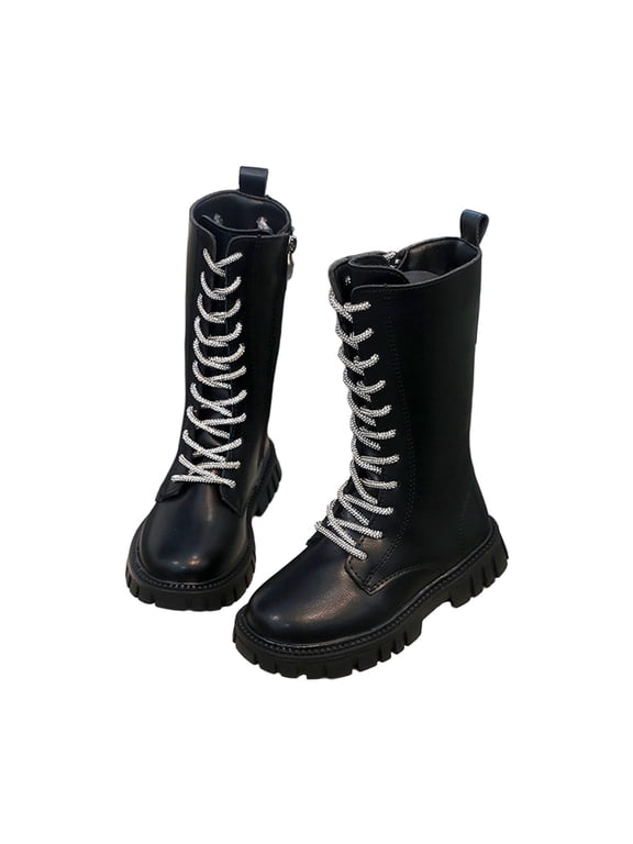 Gothic Lace up Boots for Little Kids/Big Kids Punk Goth Knee High Riding Boot Mid Calf Shiny Laces Shoes