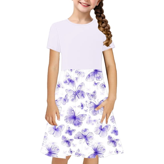 QQAMB Graphic Dress for Girls Short Sleeve Splicing A Line Dress Pleated Boho Vacation Butterfly Graphic Dresses