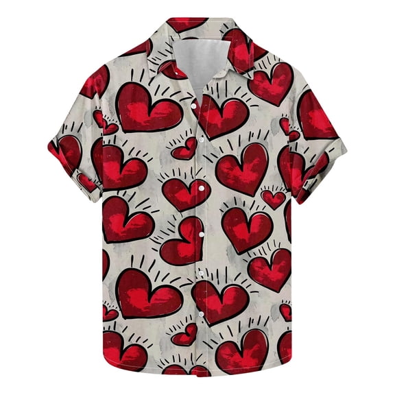 QQAMB Happy Valentine's Day Shirts Men Rose and Wine Glass Print Valentines Tops Heart Button Down Hawaiian Bowling Shirts Multicolor 4XL