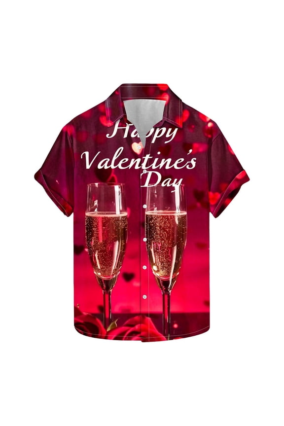 Happy Valentine's Day Shirts Men Rose and Wine Glass Print Valentines Tops Heart Button Down Hawaiian Bowling Shirts Multicolor M