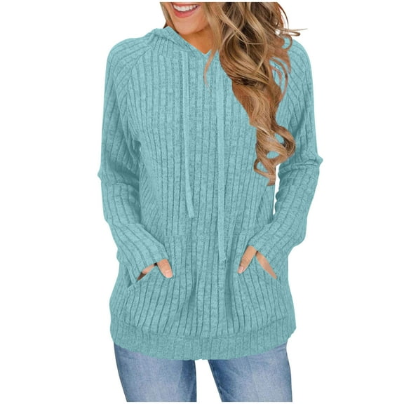 QQAMB Hoodies for Women Lightweight Drawstring Sweatshirt Long Sleeve Ribbed Knit Tunic Sweaters Fall Fashion Cozy Pullover