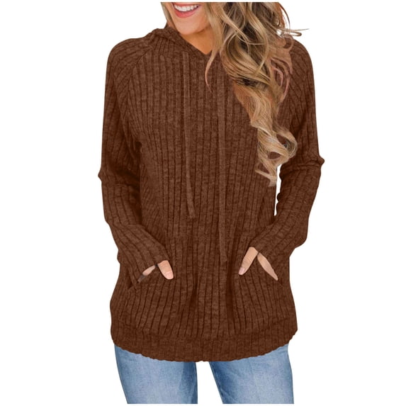QQAMB Hoodies for Women Lightweight Drawstring Sweatshirt Long Sleeve Ribbed Knit Tunic Sweaters Fall Fashion Cozy Pullover