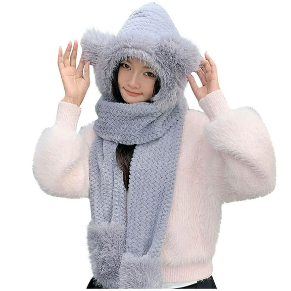 QQAMB Integrated Ear Protection Women Cap Scarf Elastic Warm Ear Protection Knitted Hat Scarf Winter Windproof Hat for Women