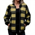 thumbnail image 1 of QQAMB Jackets for Women Fuzzy Fleece Zip Up Jacket Fall Winter Oversized Long Sleeve Hooded Warm Plaid Coats Yellow S, 1 of 6
