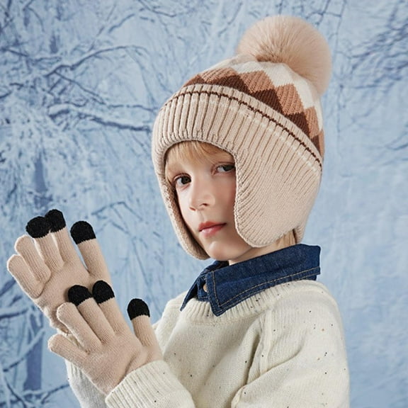 QQAMB Kid's 2 Pieces Hat Gloves Coloured Knitted Diamond-Shaped Dented Wool Touchscreen Winter Warm for Boys Girls