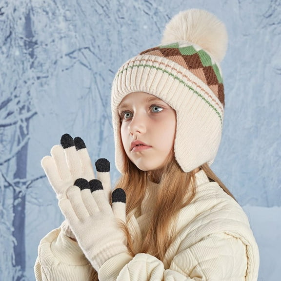 QQAMB Kid's 2 Pieces Hat Gloves Coloured Knitted Diamond-Shaped Dented Wool Touchscreen Winter Warm for Boys Girls