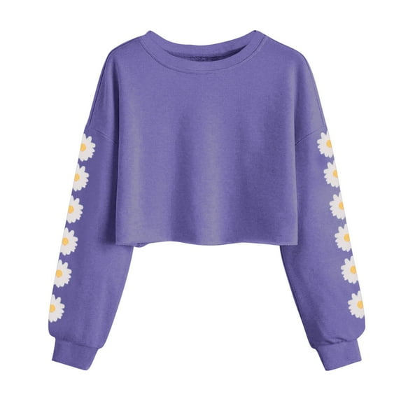 QQAMB Kids Crop Tops Girls Long Sleeve Tee Shirts Cute Daisy Pinted Fall Winter Trendy Sweatshirt Pullover Tops,10 Years