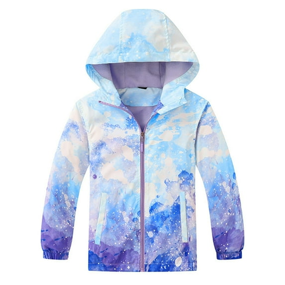 QQAMB Kids Rain Jacket Tie Dye Girls Fashion Versatile Windbreaker Lightweight Fleece Raincoat Fall Warm Waterproof Overcoat