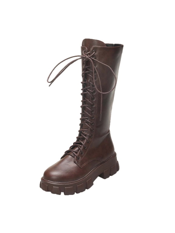Knee High Boots Women, Fashion Combat Boots Chunky Platform Lace Up Lug Sole Boots For Women