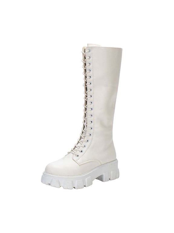 Knee High Boots Women, Fashion Combat Boots Chunky Platform Lace Up Lug Sole Boots For Women