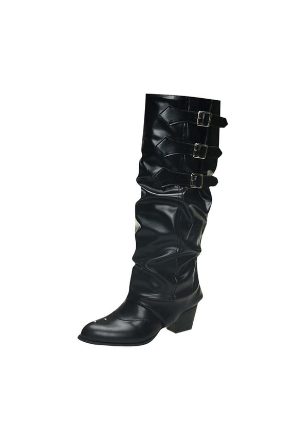 Knee High Boots for Women Fold Over Wide Calf Pull On Boots Goth Rave Buckle Strap Mid Heel Combat Shoes for Riding