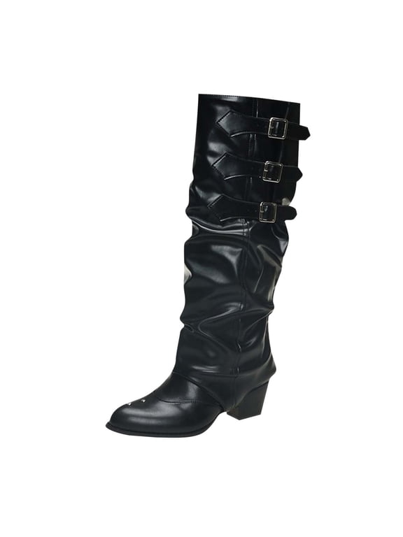 Knee High Boots for Women Fold Over Wide Calf Pull On Boots Goth Rave Buckle Strap Mid Heel Combat Shoes for Riding