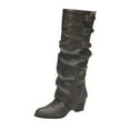 thumbnail image 1 of QQAMB Knee High Boots for Women Fold Over Wide Calf Pull On Boots Goth Rave Buckle Strap Mid Heel Combat Shoes for Riding, 1 of 8