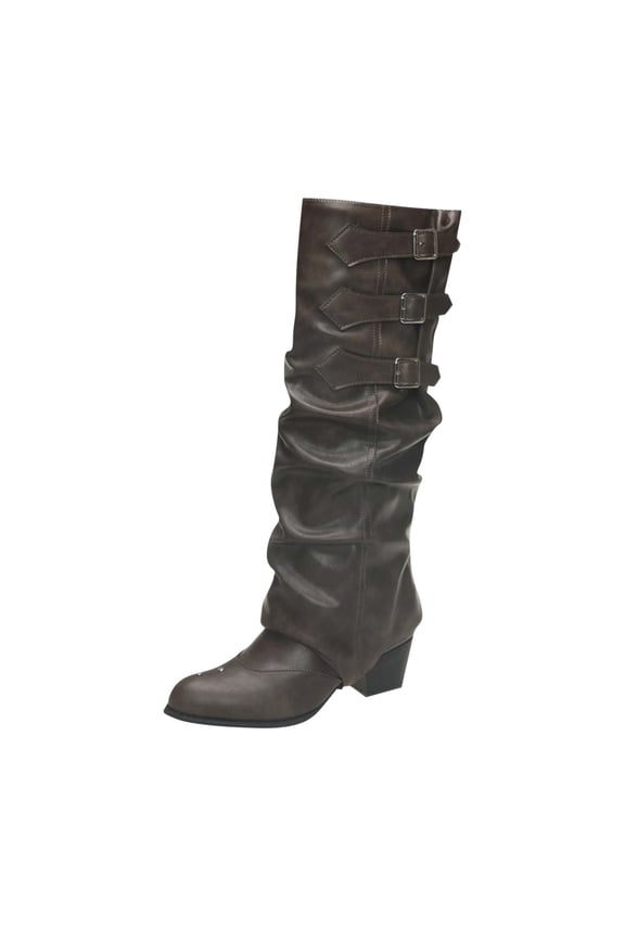 Knee High Boots for Women Fold Over Wide Calf Pull On Boots Goth Rave Buckle Strap Mid Heel Combat Shoes for Riding