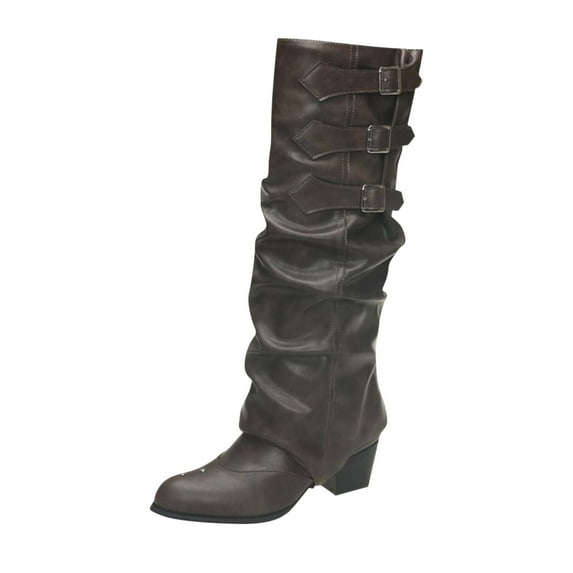 QQAMB Knee High Boots for Women Fold Over Wide Calf Pull On Boots Goth Rave Buckle Strap Mid Heel Combat Shoes for Riding