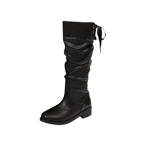 QQAMB Knee High Boots for Women Lace Up Wide Calf Fashion Pull On Boot Leather Chunky Low Heel Non Slip Comfy Long Shoes