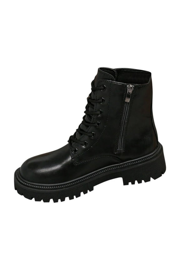 Leather Ankle Boots for Women Lace Up Lug Sole Combat Booties Side Zipper Platform Riding Boot