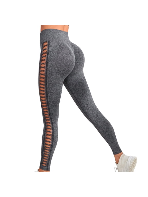 QQAMB Leggings for Women Side Hollow Out High Waist Scrunch Butt Lifting Elastic Tights Yoga Pants Beige L