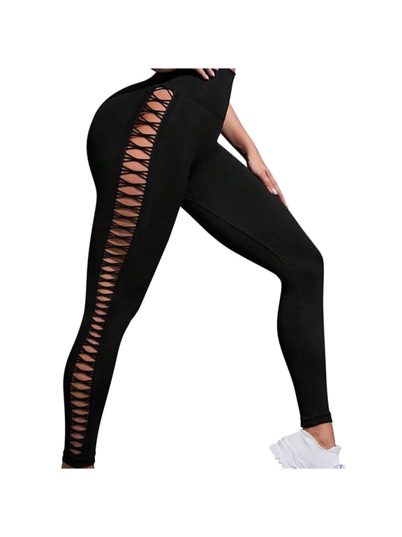 Leggings for Women Side Hollow Out High Waist Scrunch Butt Lifting Elastic Tights Yoga Pants Black S