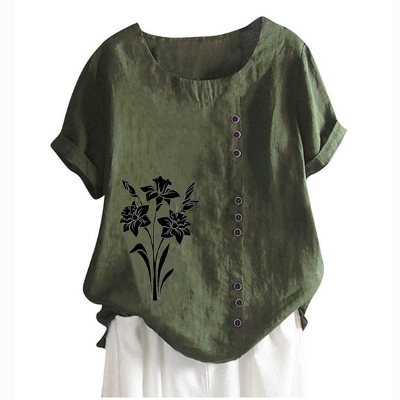 QQAMB Linen Shirts for Women Plus Size Crewneck Floral Printed Blouse Cotton Linen Short Sleeve Shirt Blouse Tops Army Green 2XL