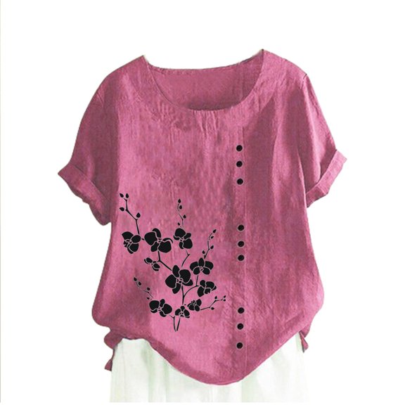 QQAMB Linen Shirts for Women Plus Size Crewneck Floral Printed Blouse Cotton Linen Short Sleeve Shirt Blouse Tops Hot Pink 4XL
