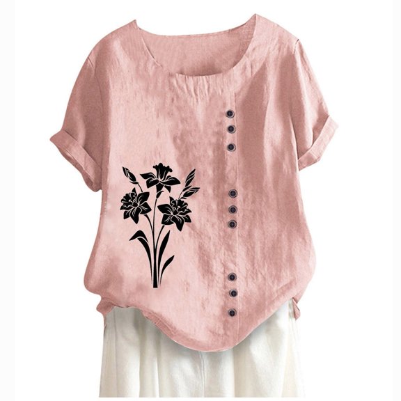QQAMB Linen Shirts for Women Plus Size Crewneck Floral Printed Blouse Cotton Linen Short Sleeve Shirt Blouse Tops Pink L