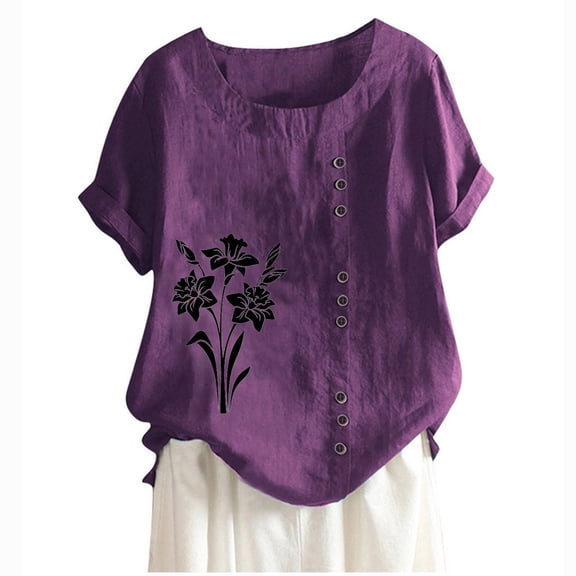 QQAMB Linen Shirts for Women Plus Size Crewneck Floral Printed Blouse Cotton Linen Short Sleeve Shirt Blouse Tops Purple M