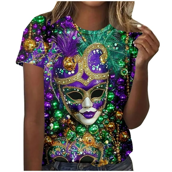 QQAMB Mardi Gras Shirts for Women Trendy Crewneck Short Sleeve Carnival Tee Blouses Funny Gifts Party T-Shirts Purple 2XL